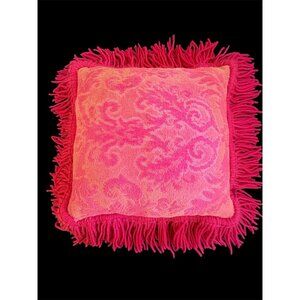 Vintage Kitschy Pink Towel Pillow With Yarn Fringe